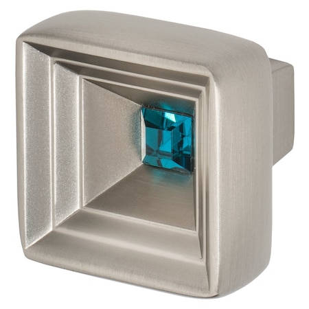 Hidden Treasure Cabinet Knob, 1-1/16in X 1-1/16in, Satin Nickel With Ocean Blue Crystal